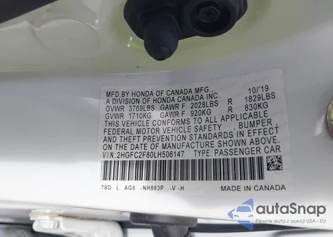 2020 Honda Civic Sport из США, поврежденный, VIN 2HGFC2F80LH506147